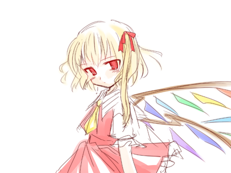 same no hito, flandre scarlet, touhou, 1girl, ascot, blonde hair, blush, female focus, hair ribbon, looking at viewer, looking to the side, no headwear, puffy short sleeves, puffy sleeves, red eyes, red ribbon, red skirt, ribbon, short sleeves, side ponytail, simple background, skirt, skirt set, solo, vest, white background, wings