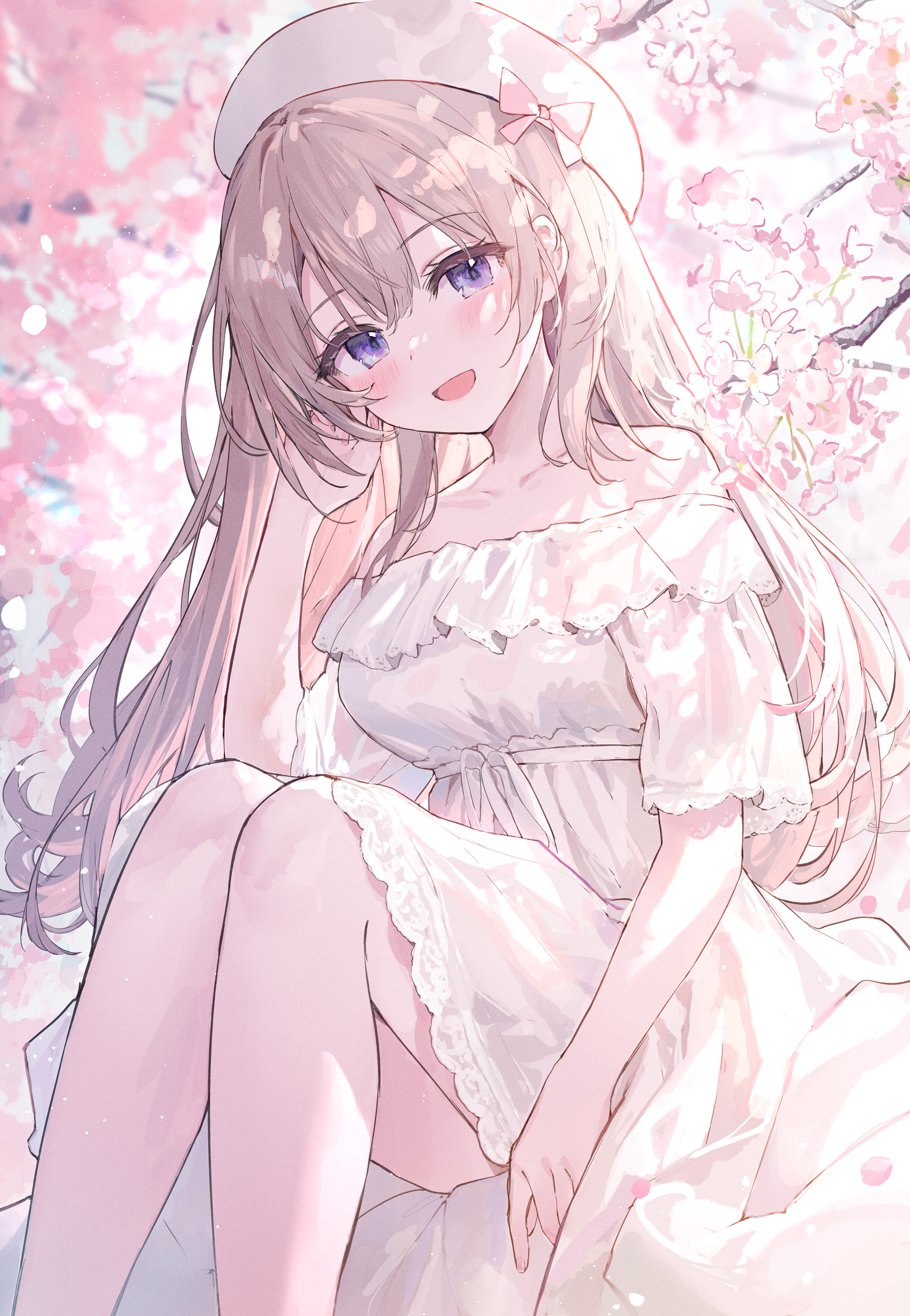 arl, original, absurdres, highres, 1girl, :d, bare shoulders, blush, branch, breasts, brown hair, cherry blossoms, collarbone, dress, feet out of frame, flower, hair between eyes, hand in own hair, hand up, knees up, lace, lace-trimmed dress, lace trim, large breasts, long hair, looking at viewer, medium breasts, off-shoulder dress, off shoulder, open mouth, outdoors, petals, pink flower, purple eyes, short sleeves, sitting, smile, solo, very long hair, white dress
