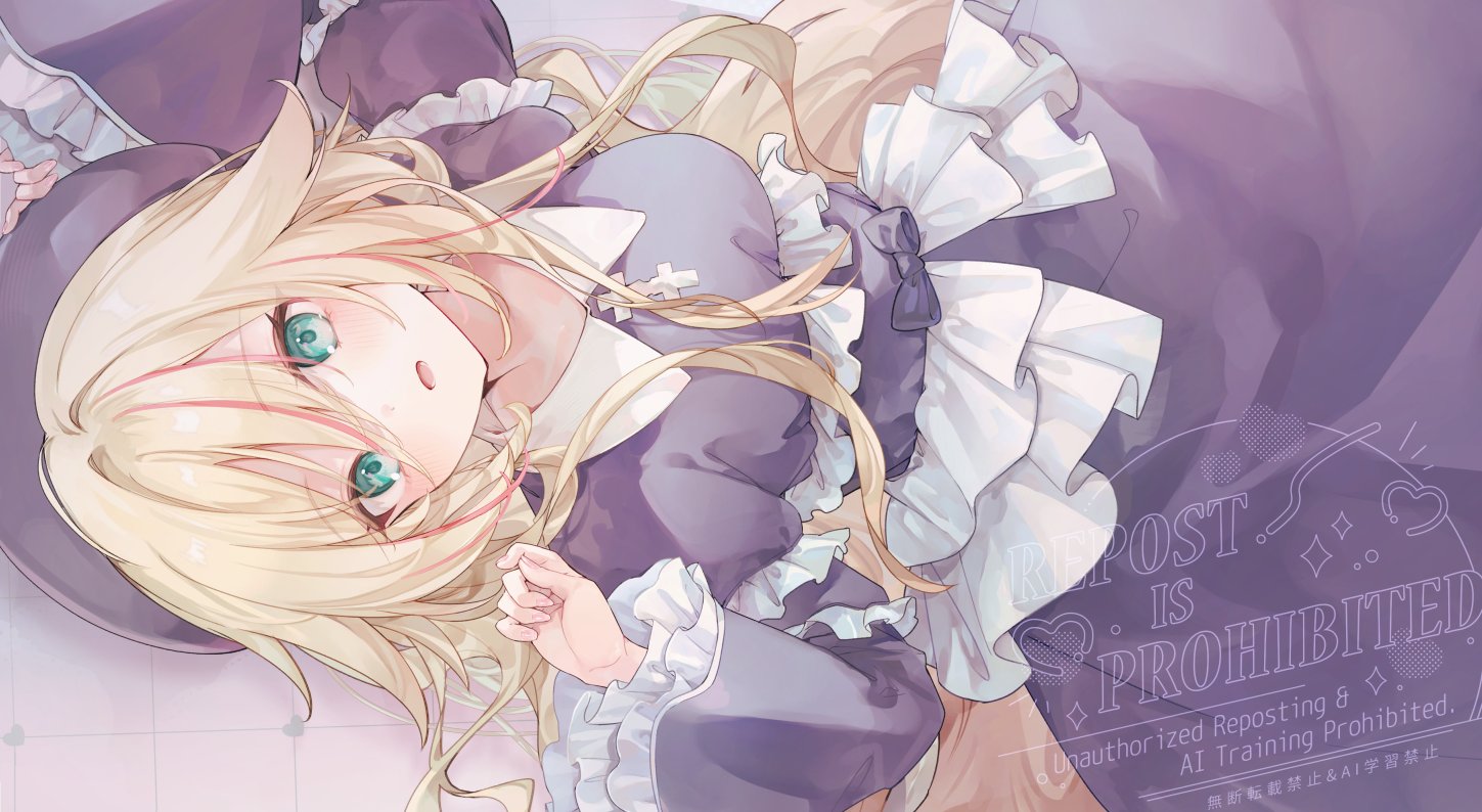 ukishizumi, original, 1girl, aqua eyes, blonde hair, blush, bow, breasts, collared dress, cross, dress, frilled dress, frilled sleeves, frills, green eyes, hair between eyes, heart, juliet sleeves, lolita fashion, long hair, long sleeves, looking at viewer, lying, medium breasts, multicolored hair, on back, one eye closed, open mouth, pink hair, puffy sleeves, purple dress, solo, streaked hair, very long hair, virtual youtuber, wide sleeves