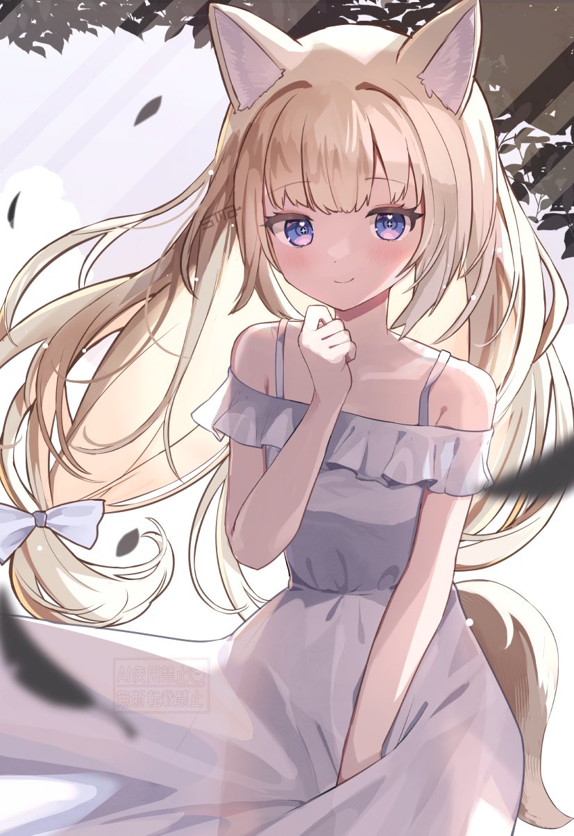 goma (u p), original, highres, 1girl, animal ears, bare shoulders, blonde hair, blue eyes, blush, bow, closed mouth, dress, falling leaves, fox ears, fox girl, fox tail, frilled dress, frills, hair bow, hand up, leaf, long hair, looking at viewer, off-shoulder dress, off shoulder, purple eyes, smile, solo, tail, very long hair, virtual youtuber, white bow, white dress