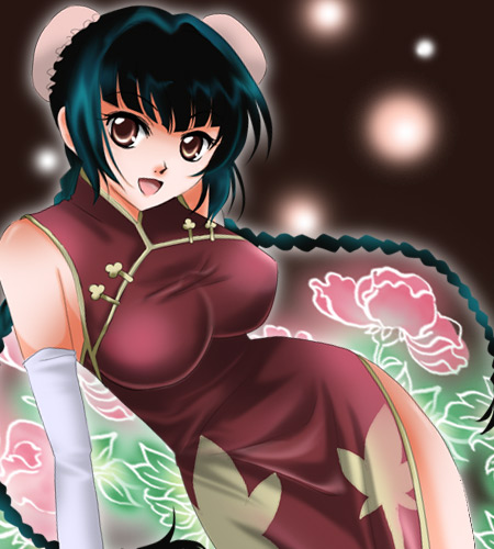 sinko (sinsin), wang liu mei, gundam, gundam 00, lowres, 00s, 1girl, :d, breasts, bun cover, china dress, chinese clothes, dress, elbow gloves, female focus, flower, gloves, green hair, large breasts, looking at viewer, open mouth, purple eyes, red dress, side slit, sleeveless, sleeveless dress, smile, solo, white gloves