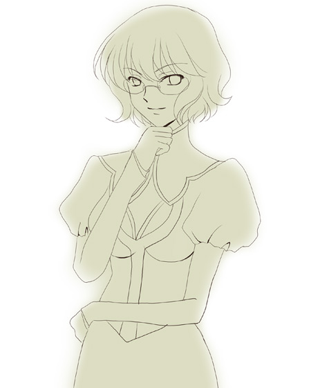 sinko (sinsin), shirin bakhtiar, gundam, gundam 00, 00s, 1girl, breasts, dress, female focus, glasses, hand on own chin, looking at viewer, looking back, monochrome, puffy short sleeves, puffy sleeves, short sleeves, simple background, solo, white background