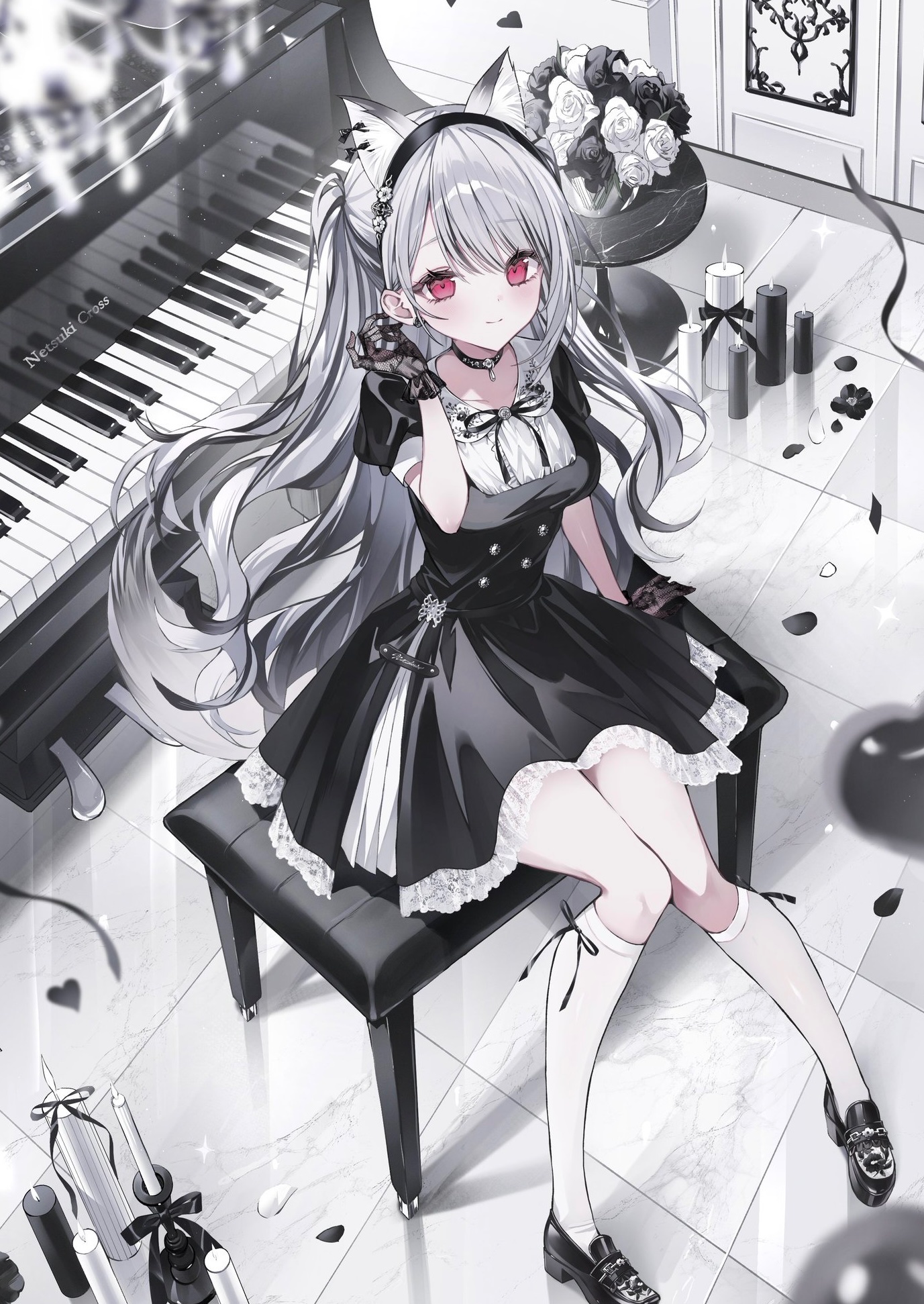 noah (0noah), original, highres, 1girl, animal ears, black choker, black dress, black flower, black gloves, black hairband, black rose, black shoes, candle, choker, closed mouth, dress, flower, gloves, grey hair, hairband, instrument, juliet sleeves, lace, lace gloves, long hair, long sleeves, piano, puffy sleeves, red eyes, rose, shoes, short sleeves, sitting, smile, solo, thighhighs, white flower, white rose, white thighhighs