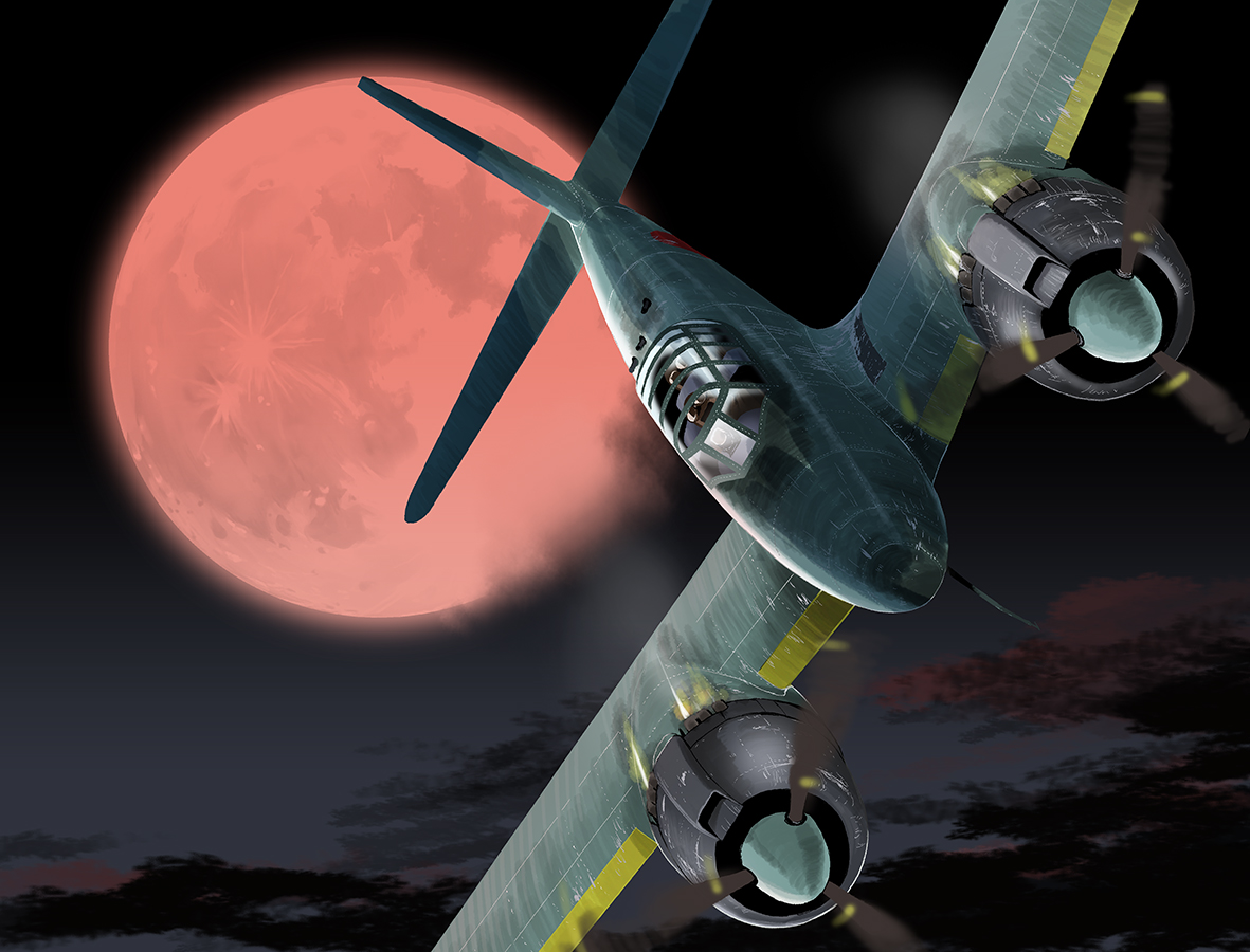 matsuda juukou, original, hashtag-only commentary, 2boys, aircraft, airplane, cloud, flying, full moon, imperial japanese navy, military vehicle, moon, moonlight, multiple boys, nakajima j1n1, night, night sky, outdoors, propeller, propeller fighter, red moon, sky, vehicle focus
