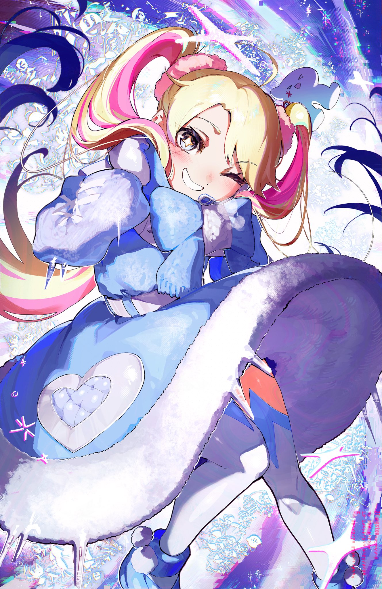 7tungsten, rta-chan, rta in japan, character request, commentary request, copyright request, highres, + +, 1girl, ahoge, blonde hair, blue dress, blue eyes, blue scrunchie, blue shoes, dress, fur-trimmed dress, fur trim, grin, hair ornament, hair scrunchie, long hair, long sleeves, looking at viewer, mittens, multicolored hair, one eye closed, pink hair, pink scrunchie, pom pom footwear, puffy long sleeves, puffy sleeves, scrunchie, shoes, smile, solo focus, streaked hair, thighhighs, twintails, two-tone hair, very long hair, white mittens, white thighhighs, winter clothes