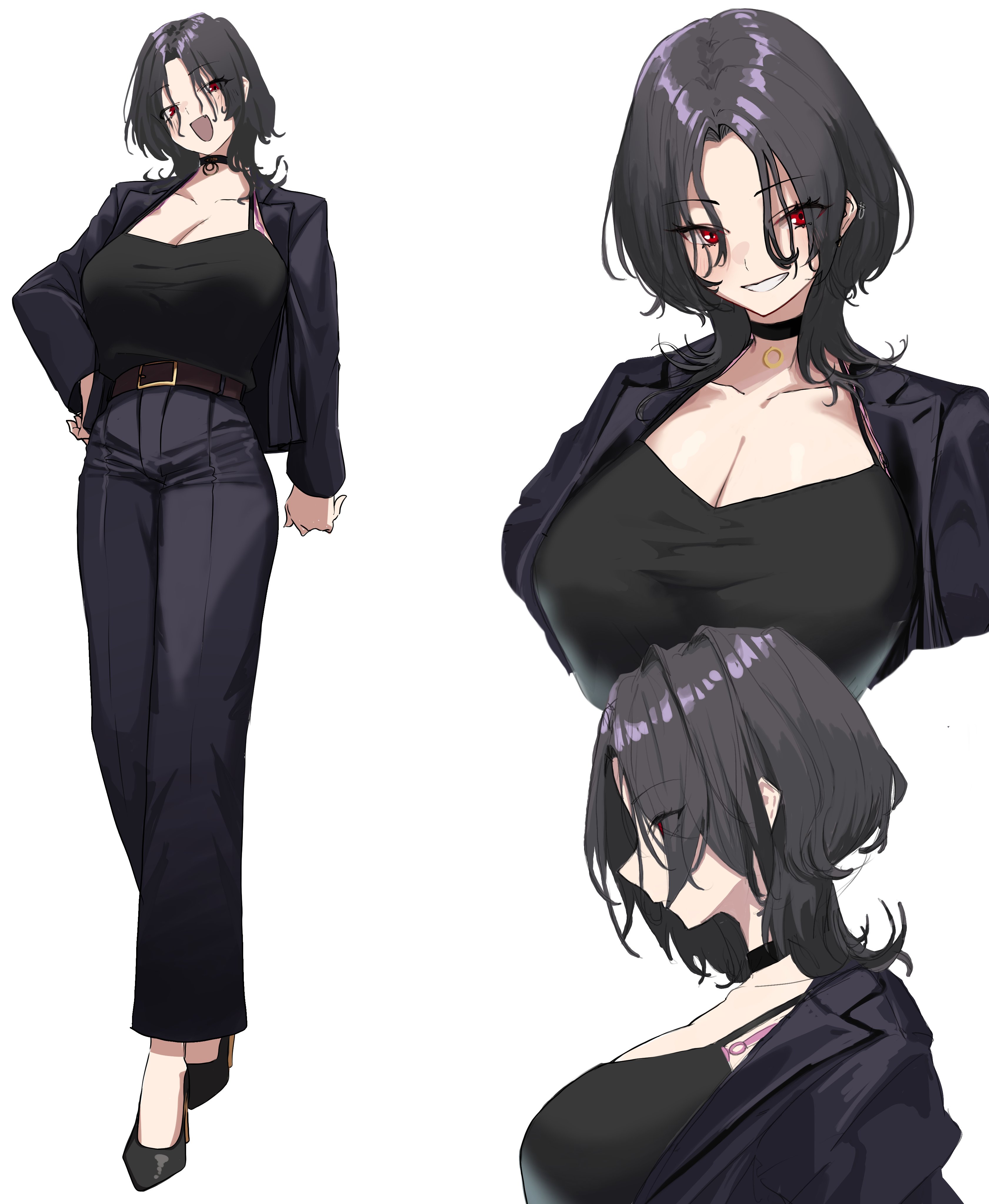 dondobi, original, absurdres, commentary, english commentary, highres, 1girl, :d, arm at side, belt, belt buckle, black camisole, black choker, black hair, black jacket, black pants, black shoes, bra, bra strap, breasts, brown belt, buckle, camisole, choker, cleavage, collarbone, cropped torso, eyes visible through hair, fang, from side, full body, grin, hand on own hip, jacket, lapels, large breasts, long sleeves, medium hair, multiple views, notched lapels, open clothes, open jacket, open mouth, pants, parted bangs, pink bra, profile, red eyes, shirt tucked in, shoes, simple background, smile, standing, underwear, upper body, white background, wolf cut
