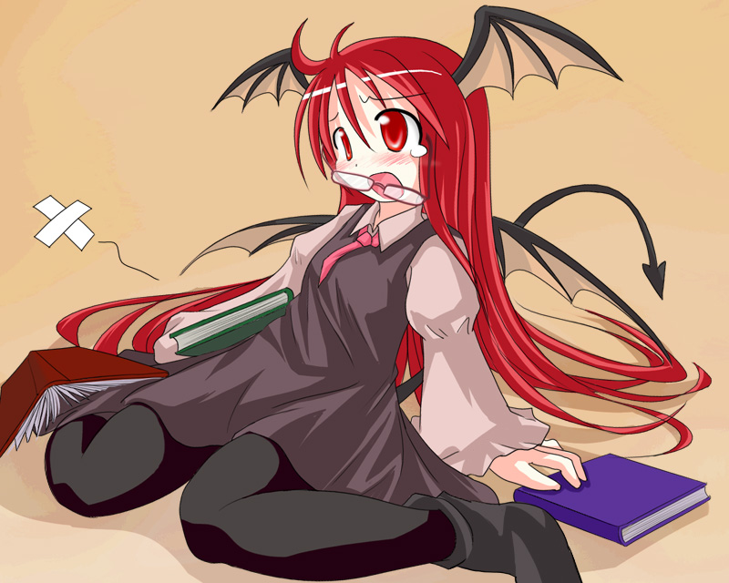 des (namaasi), koakuma, embodiment of scarlet devil, touhou, 1girl, bat wings, bespectacled, black pantyhose, blush, book, crooked eyewear, demon tail, dress, female focus, glasses, head wings, long hair, necktie, open book, pantyhose, red eyes, red hair, solo, tail, tears, very long hair, wings