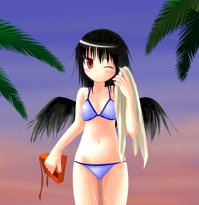des (namaasi), shameimaru aya, touhou, 1girl, bikini, black wings, blue bikini, blush, female focus, hat, looking at viewer, solo, swimsuit, wet, wings