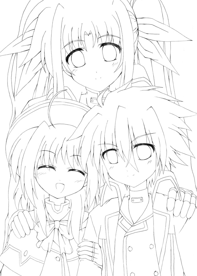 futaba shion, utanone shion, caro ru lushe, erio mondial, fate testarossa, kerykeion (nanoha), lyrical nanoha, mahou shoujo lyrical nanoha, mahou shoujo lyrical nanoha strikers, 00s, 1boy, 2girls, ahoge, bow, cape, closed eyes, fingerless gloves, gauntlets, gloves, greyscale, hat, magical boy, magical girl, monochrome, multiple girls, single gauntlet, single glove, twintails