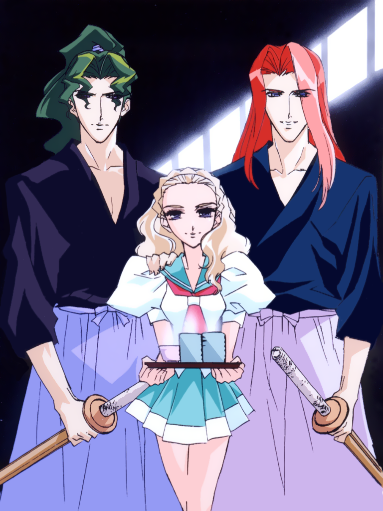 kiryuu nanami, kiryuu touga, saionji kyouichi, shoujo kakumei utena, official art, 1girl, 2boys, blonde hair, green hair, multiple boys, official alternate costume, red hair, school uniform, tea