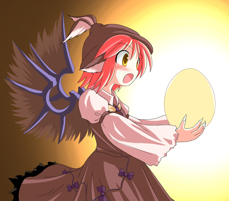 des (namaasi), mystia lorelei, touhou, 1girl, animal ears, blush, bow, dress, egg, female focus, fingernails, glowing, hat, open mouth, pink hair, short hair, solo, wide sleeves, wings, yellow eyes