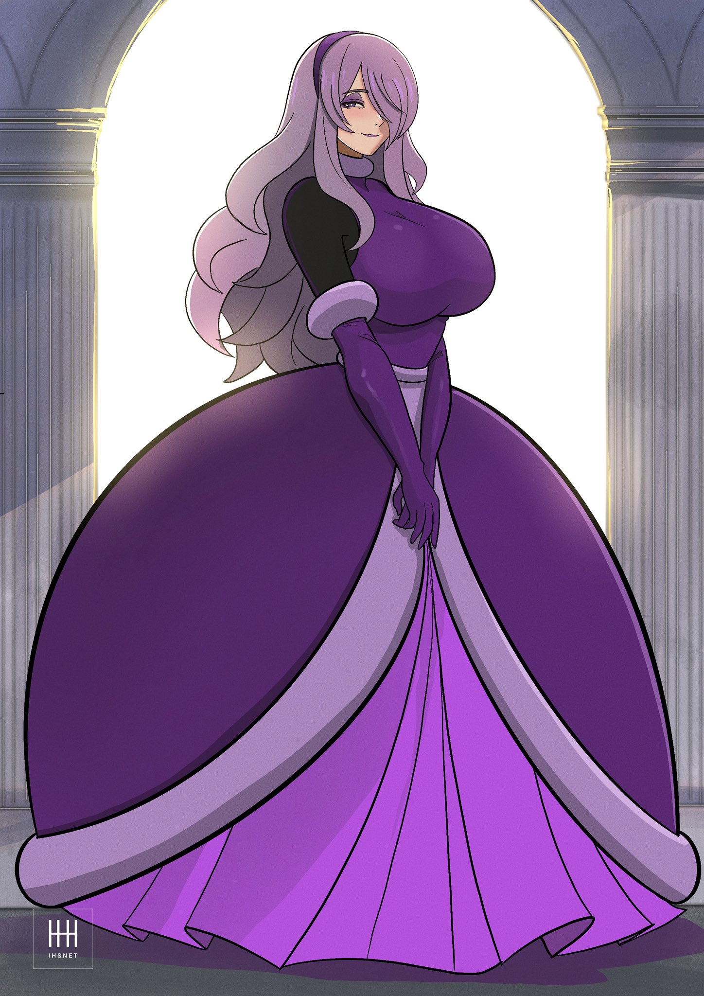 ihsnet, camilla (fire emblem), fire emblem, fire emblem fates, nintendo, highres, 1girl, alternate costume, blush, breasts, closed mouth, dress, elbow gloves, eyeshadow, gloves, hair over one eye, hairband, huge breasts, long hair, looking at viewer, makeup, purple dress, purple eyes, purple eyeshadow, purple hair, purple hairband, smile, solo