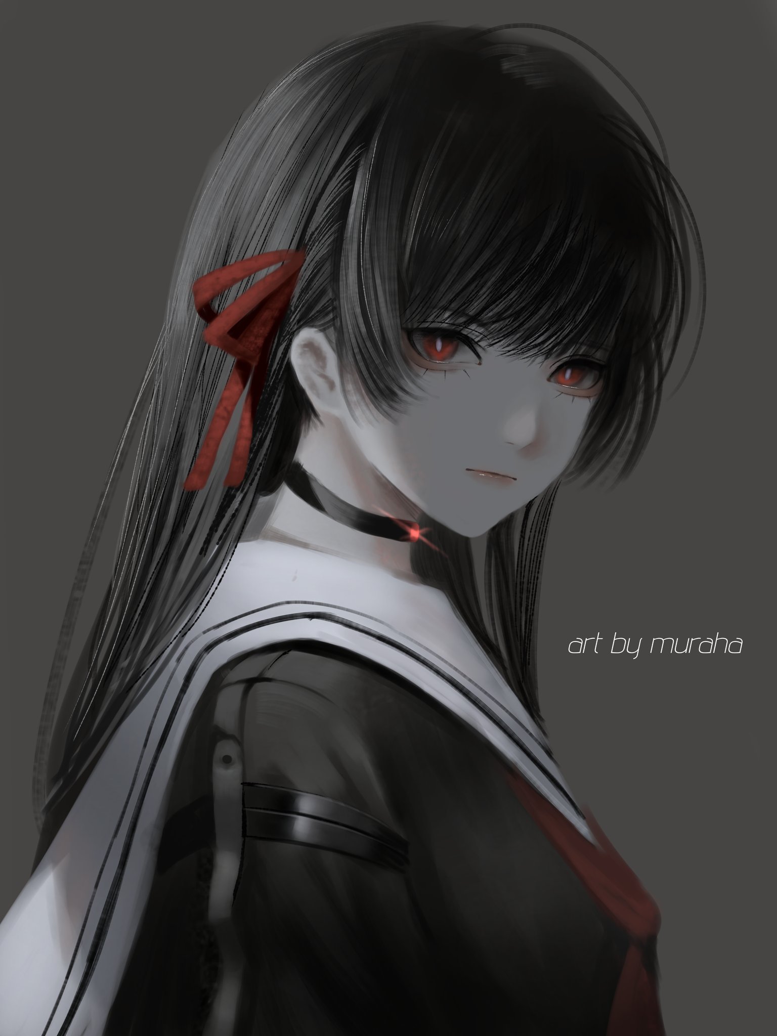 murahaart, chisa (wuthering waves), wuthering waves, highres, 1girl, black choker, black hair, black shirt, choker, closed mouth, from side, hair ribbon, long hair, looking at viewer, neckerchief, red eyes, red neckerchief, red ribbon, ribbon, sailor collar, school uniform, serafuku, shirt, solo, white sailor collar