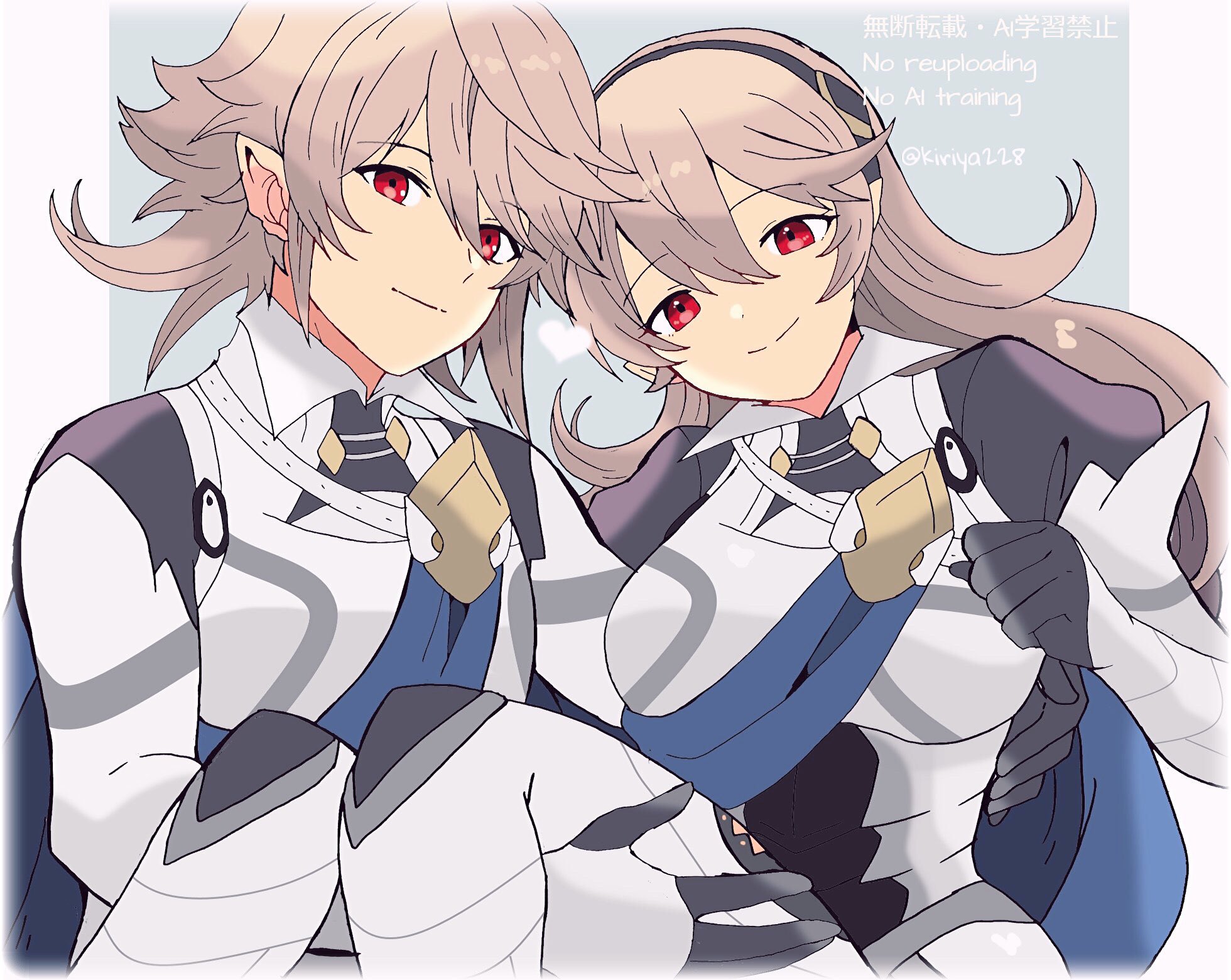 kiriya (552260), female corrin (fire emblem), male corrin (fire emblem), fire emblem, fire emblem fates, nintendo, highres, 1boy, 1girl, armor, black hairband, blue cape, breasts, cape, carrying, closed mouth, dual persona, gloves, grey hair, hair between eyes, hairband, heart, long hair, looking at viewer, medium breasts, pointy ears, princess carry, red eyes, short hair, smile, white hair