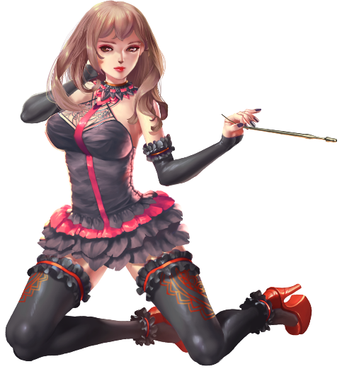 crystal maiden (series), artist request, bad source, game cg, official art, variant set, 1girl, black nails, breasts, brown hair, collar, detached sleeves, full body, hand in own hair, high heels, holding, horns, kneeling, purple eyes, red shoes, samael (crystal maidens), shoes, skirt, solo, tail, transparent background, wings