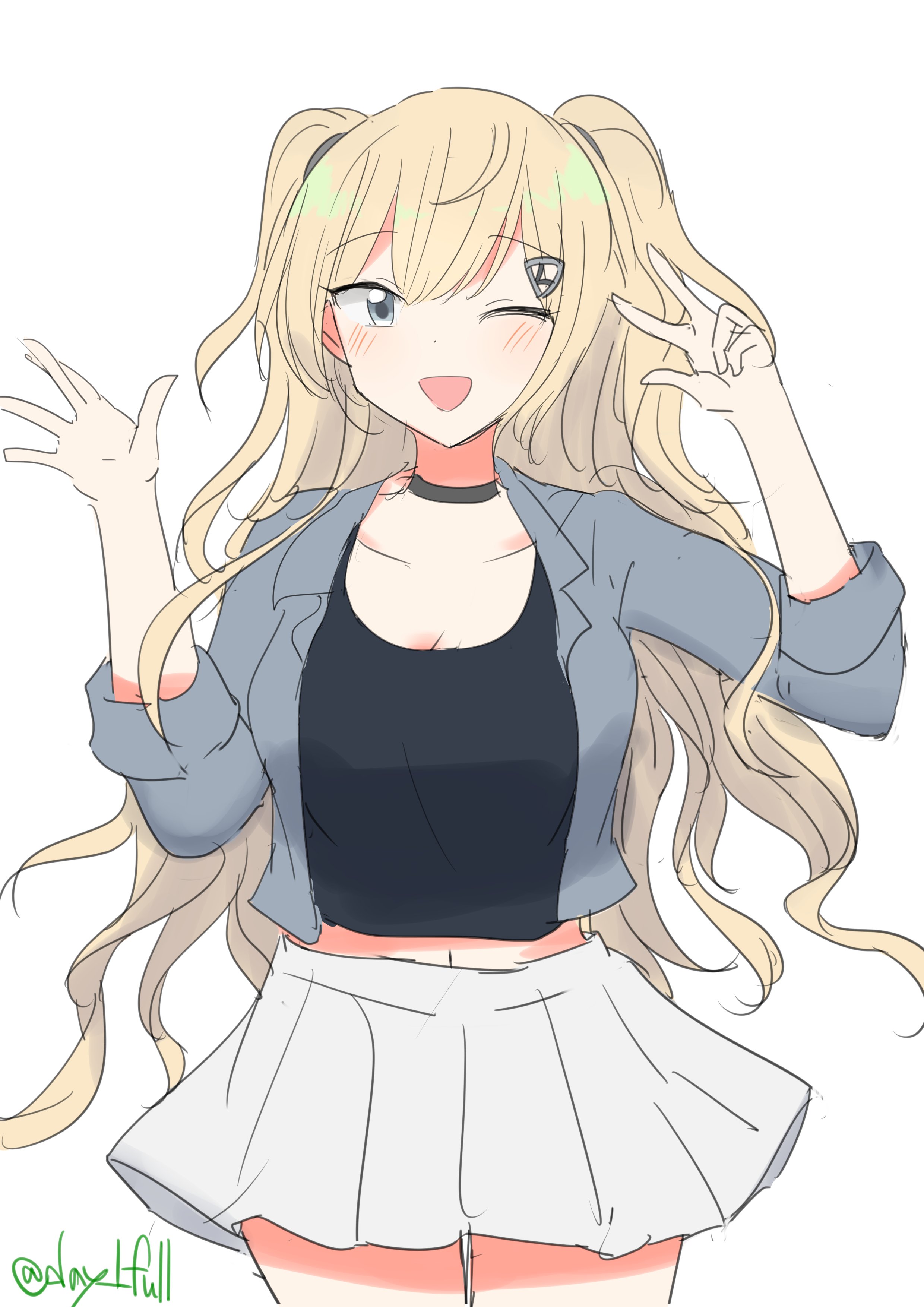 robinson (day l full), minneapolis (kancolle), minneapolis (rainy season) (kancolle), kantai collection, absurdres, highres, 1girl, black choker, black shirt, blonde hair, choker, cowboy shot, denim, denim jacket, grey eyes, grey jacket, hair ornament, hairclip, jacket, long hair, official alternate costume, one eye closed, pleated skirt, shirt, simple background, skirt, solo, two side up, wavy hair, white background, white skirt