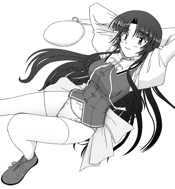 futaba shion, youei (maiko), original, 1girl, female focus, greyscale, monochrome, panties, school uniform, serafuku, solo, thighhighs, underwear