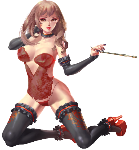 crystal maiden (series), artist request, bad source, game cg, official art, variant set, 1girl, bare hips, black nails, breasts, brown hair, cleavage, collar, covered navel, detached sleeves, full body, hand in own hair, high heels, holding, horns, kneeling, panties, purple eyes, red panties, red shoes, samael (crystal maidens), see-through clothes, shoes, skirt, solo, tail, transparent background, underwear, wings