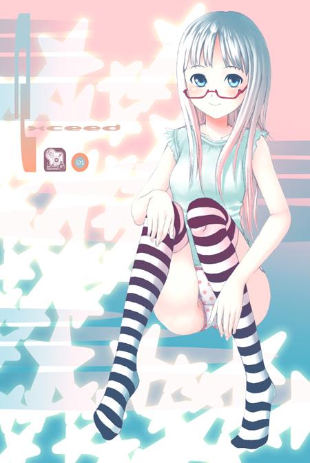 morisawa haruyuki, neuron (exceed), original, glasses, panties, striped clothes, striped thighhighs, thighhighs, underwear