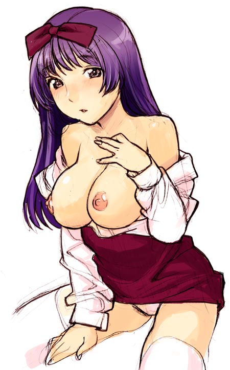 nekomata naomi, original, 1girl, breasts, female focus, large breasts, nipples, open clothes, open shirt, shirt, solo, thighhighs