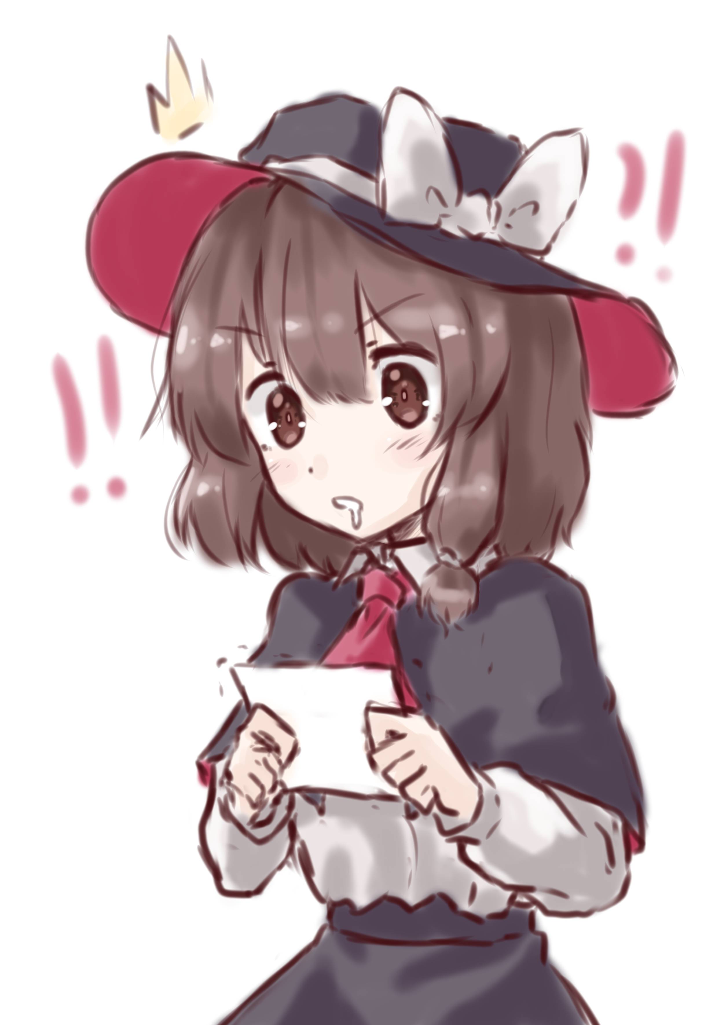 t-hou, usami renko, touhou, absurdres, highres, !, 1girl, ?, black capelet, black hat, black skirt, blush, blush stickers, bow, brown eyes, brown hair, capelet, collar, fedora, hair between eyes, hair ribbon, hat, hat bow, holding, holding photo, long sleeves, medium hair, necktie, photo (object), puffy long sleeves, puffy sleeves, ribbon, shirt, simple background, skirt, solo, surprised, white background, white bow, white collar, white hat, white ribbon, white shirt