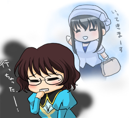 marina ismail, shirin bakhtiar, gundam, gundam 00, lowres, 00s, 2girls, :d, = =, ^ ^, black hair, blue dress, closed eyes, dress, full body, juliet sleeves, long sleeves, multiple girls, open mouth, puffy sleeves, short hair, simple background, smile, walking, white background