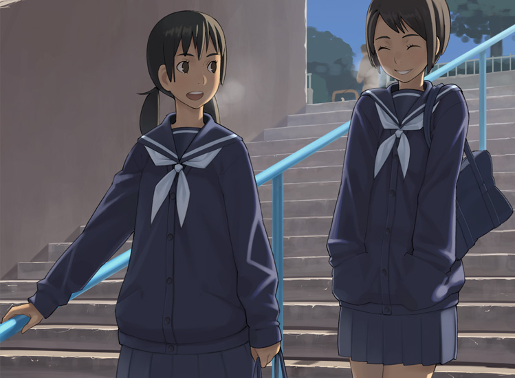 go robots, original, breath, cardigan, cold, hands in pockets, school uniform, serafuku, smile, stairs
