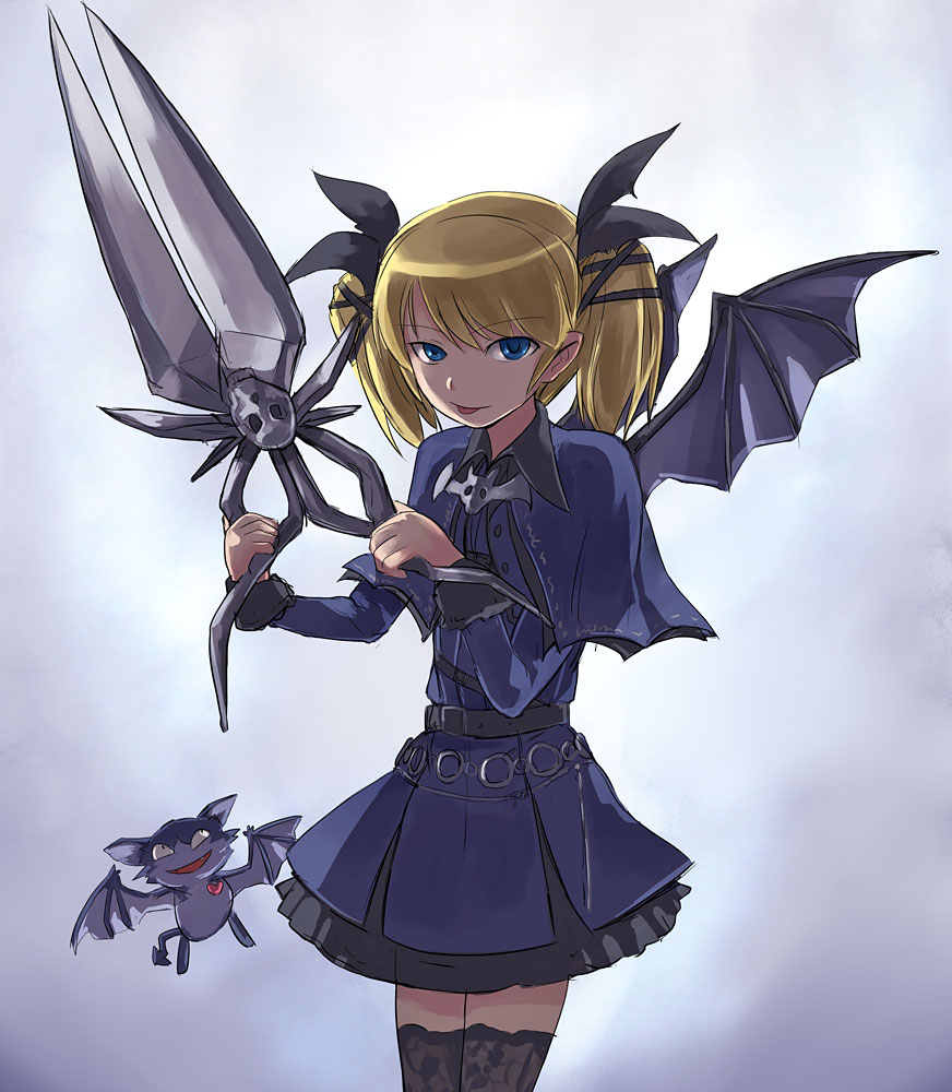 hirosato, casper (deathsmiles), cave (developer), deathsmiles, 1girl, :p, bat (animal), bat wings, belt, blonde hair, blue eyes, female focus, scissors, skirt, solo, thighhighs, tongue, tongue out, twintails, wings, zettai ryouiki