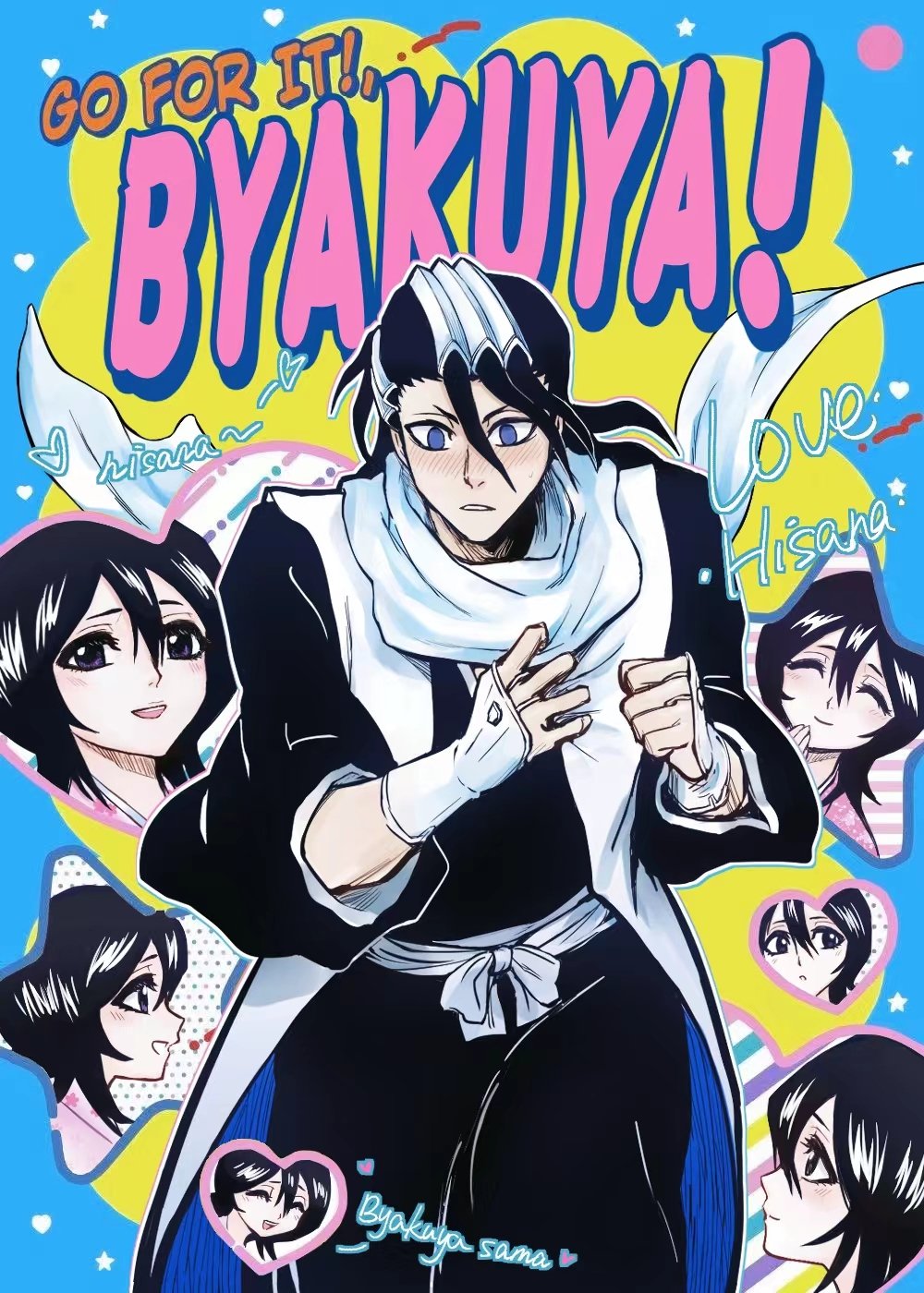 antatica11, kuchiki byakuya, kuchiki hisana, bleach, ganbare! nakamura-kun!!, highres, 1boy, 1girl, :d, ^ ^, black hair, black hakama, black kimono, blue background, blue eyes, blush, character name, clenched hand, closed eyes, closed mouth, cowboy shot, double-parted bangs, embarrassed, english text, eyelashes, hair between eyes, hakama, hands up, haori, heart, japanese clothes, kimono, long hair, long sleeves, looking at viewer, male focus, multiple views, nose blush, open mouth, outline, parody, parted lips, portrait, profile, purple eyes, sash, scarf, simple background, smile, solo focus, star (symbol), taichou haori, tsurime, v-shaped eyebrows, white outline, white sash, white scarf, wide sleeves