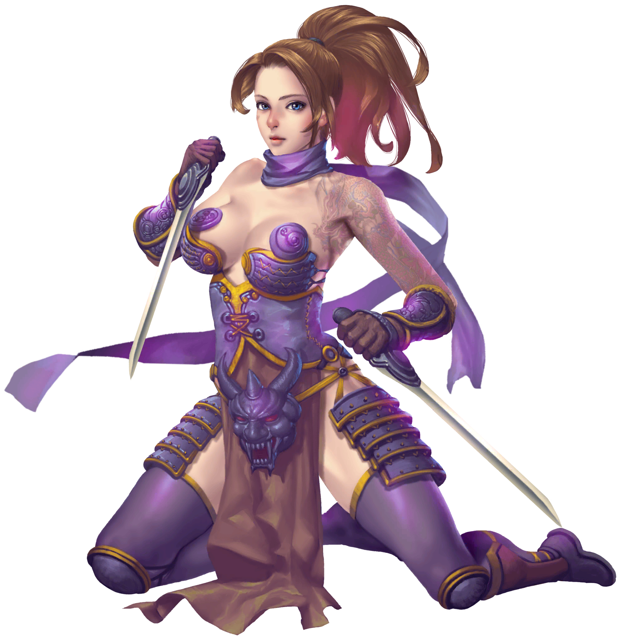 crystal maiden (series), artist request, bad source, game cg, highres, official art, third-party source, variant set, 1girl, arm tattoo, armor, bare shoulders, blue eyes, breasts, brown hair, cleavage, dual wielding, full body, gloves, holding, holding sword, holding weapon, japanese armor, kneeling, looking at viewer, purple scarf, purple shoes, reverse grip, scarf, shoes, solo, suzume (crystal maidens), sword, tattoo, transparent background, weapon