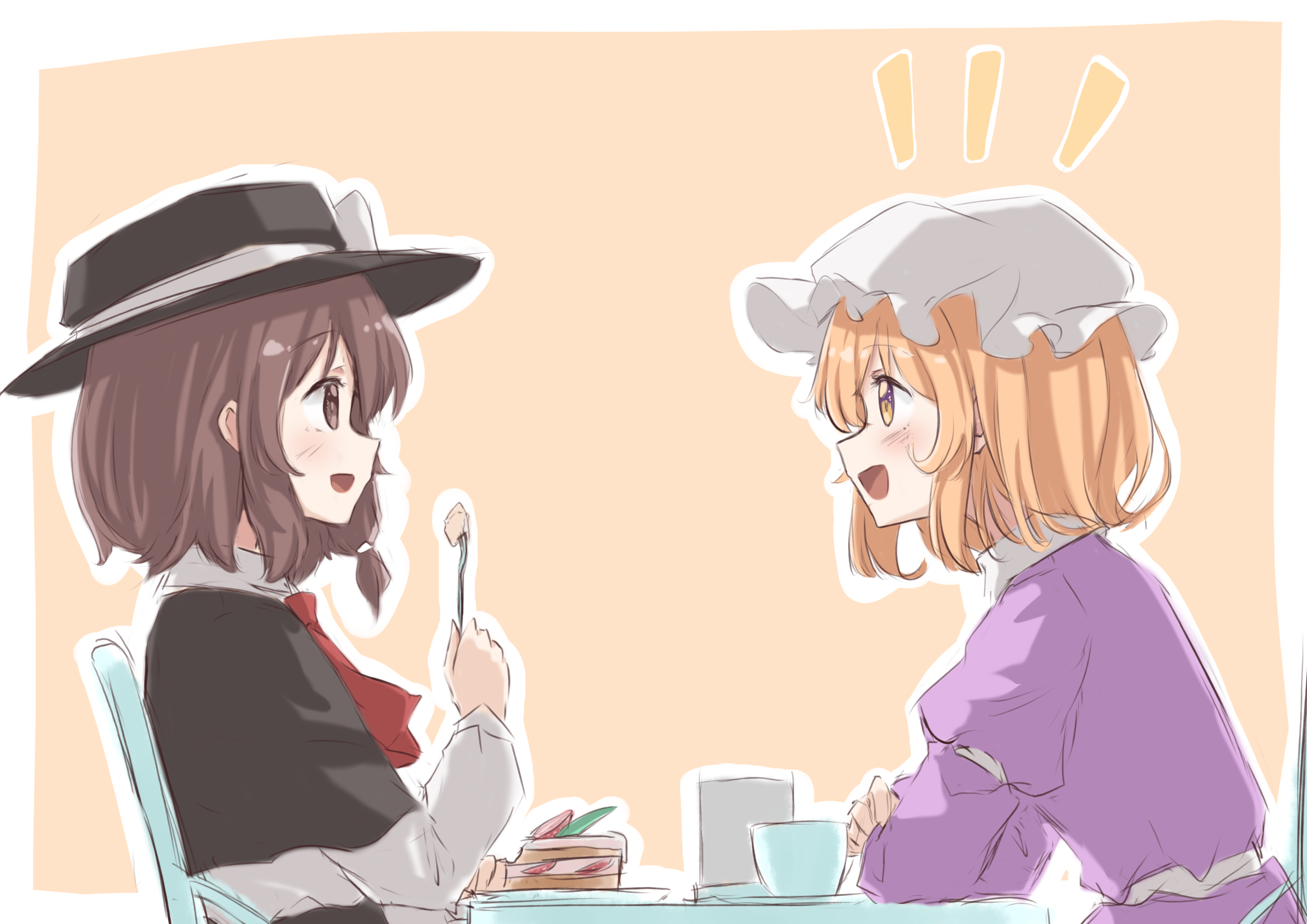 t-hou, usami renko, touhou, absurdres, highres, 2girls, arm garter, ascot, black capelet, black hat, black skirt, blonde hair, blush, blush stickers, bow, brown hair, capelet, chair, collar, cup, dessert, dress, fedora, food, fork, hair ribbon, hat, hat bow, holding, holding food, long sleeves, mob cap, multicolored eyes, multiple girls, open mouth, puffy long sleeves, puffy sleeves, purple dress, red ascot, ribbon, sash, shirt, short hair, simple background, sitting, skirt, table, talking, teacup, white collar, white garter, white hat, white ribbon, white sash, white shirt, yellow background