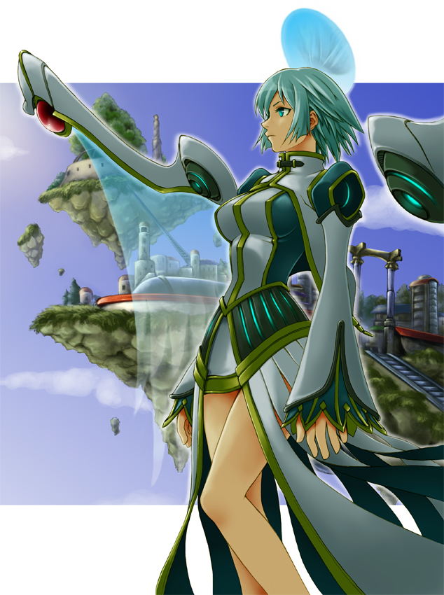 toshi, original, 1girl, blue eyes, blue hair, cloud, female focus, floating island, matching hair/eyes, sky, solo