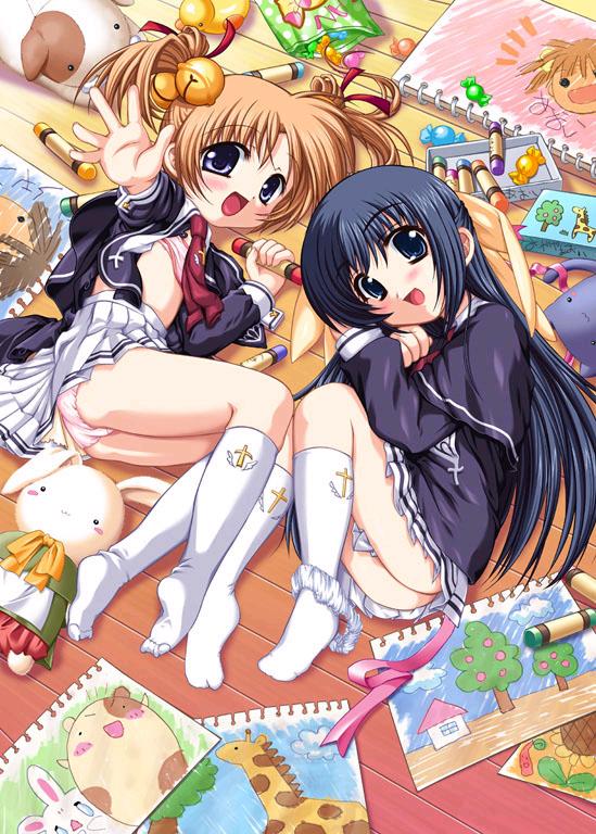 katagiri hinata, mikage aoi, saionji tomoyo, sensei daisuki, 2girls, crayon, loli, multiple girls, open clothes, open shirt, panties, school uniform, serafuku, shirt, underwear