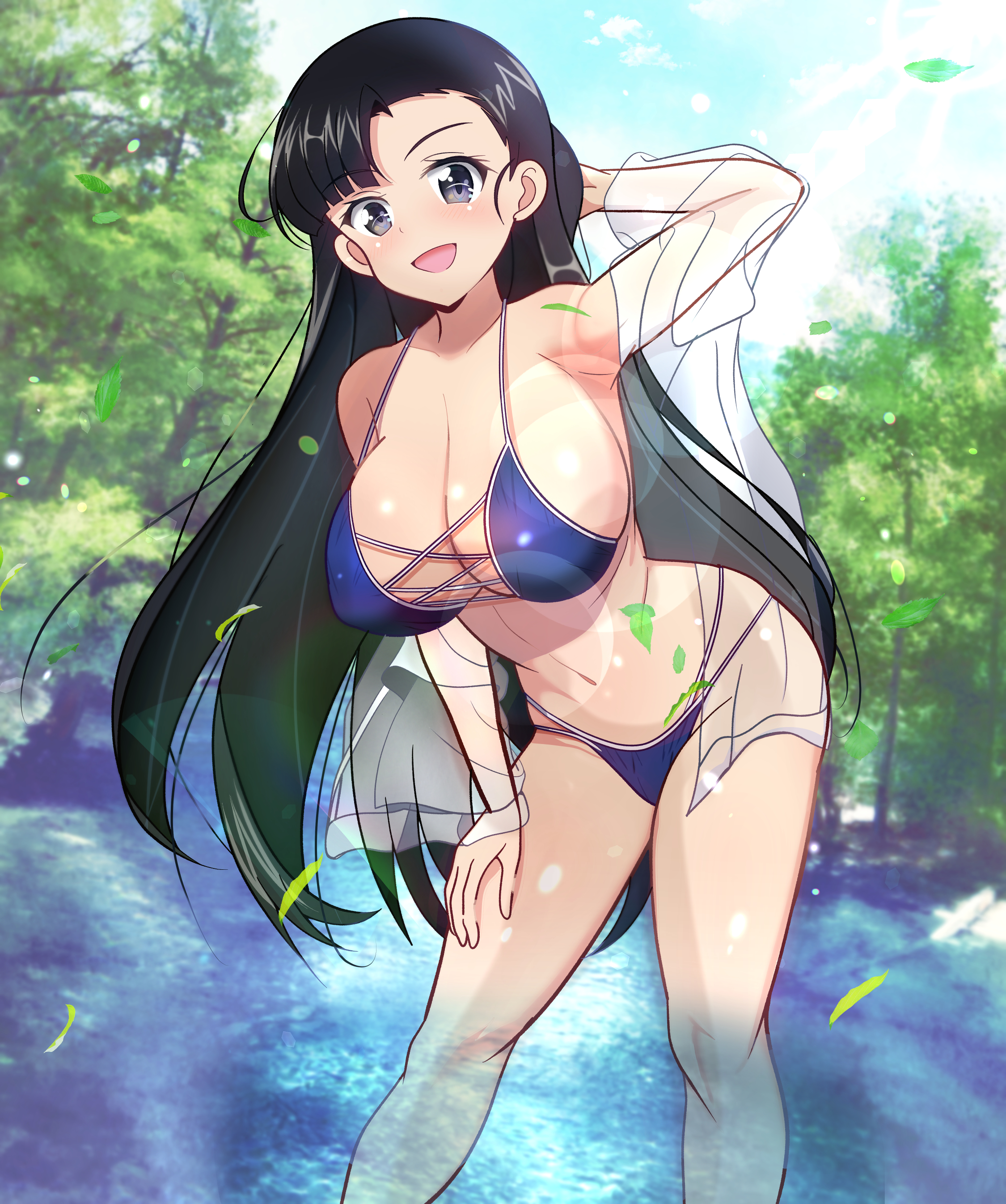 kumaisao, nishi kinuyo, girls und panzer, 1girl, bikini, black hair, blue bikini, blush, breasts, cleavage, collarbone, grey eyes, large breasts, long hair, looking at viewer, navel, open mouth, outdoors, see-through clothes, see-through shirt, shirt, sky, smile, solo, swimsuit, wading