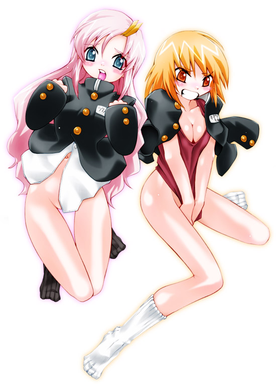 miito shido, cagalli yula athha, lacus clyne, gundam, gundam seed, 00s, 2girls, blonde hair, blue eyes, bottomless, breasts, cleavage, medium breasts, multiple girls, pink hair, red eyes, socks
