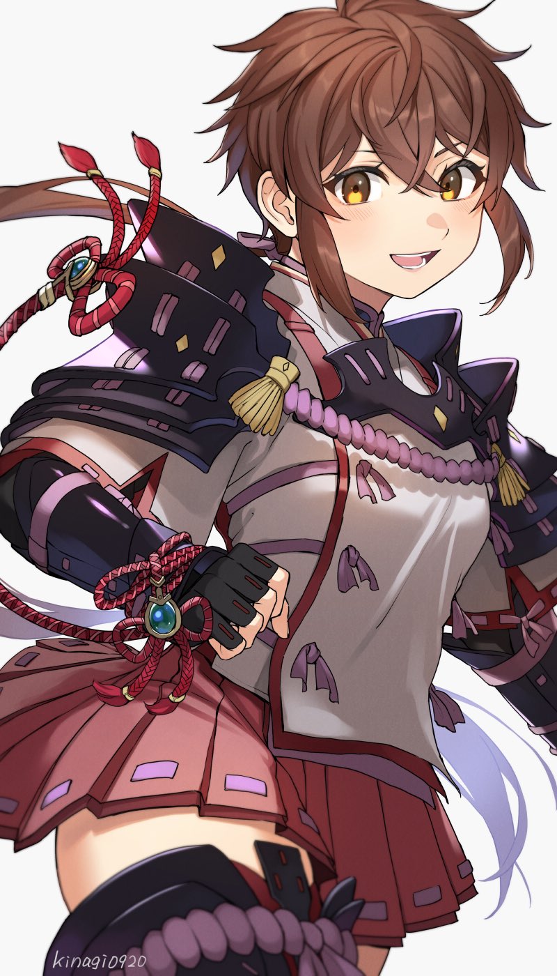 kinagi (3307377), lora (xenoblade), xenoblade chronicles (series), xenoblade chronicles 2, xenoblade chronicles 2: torna – the golden country, 1girl, brown hair, miniskirt, simple background, skirt, white background, yellow eyes