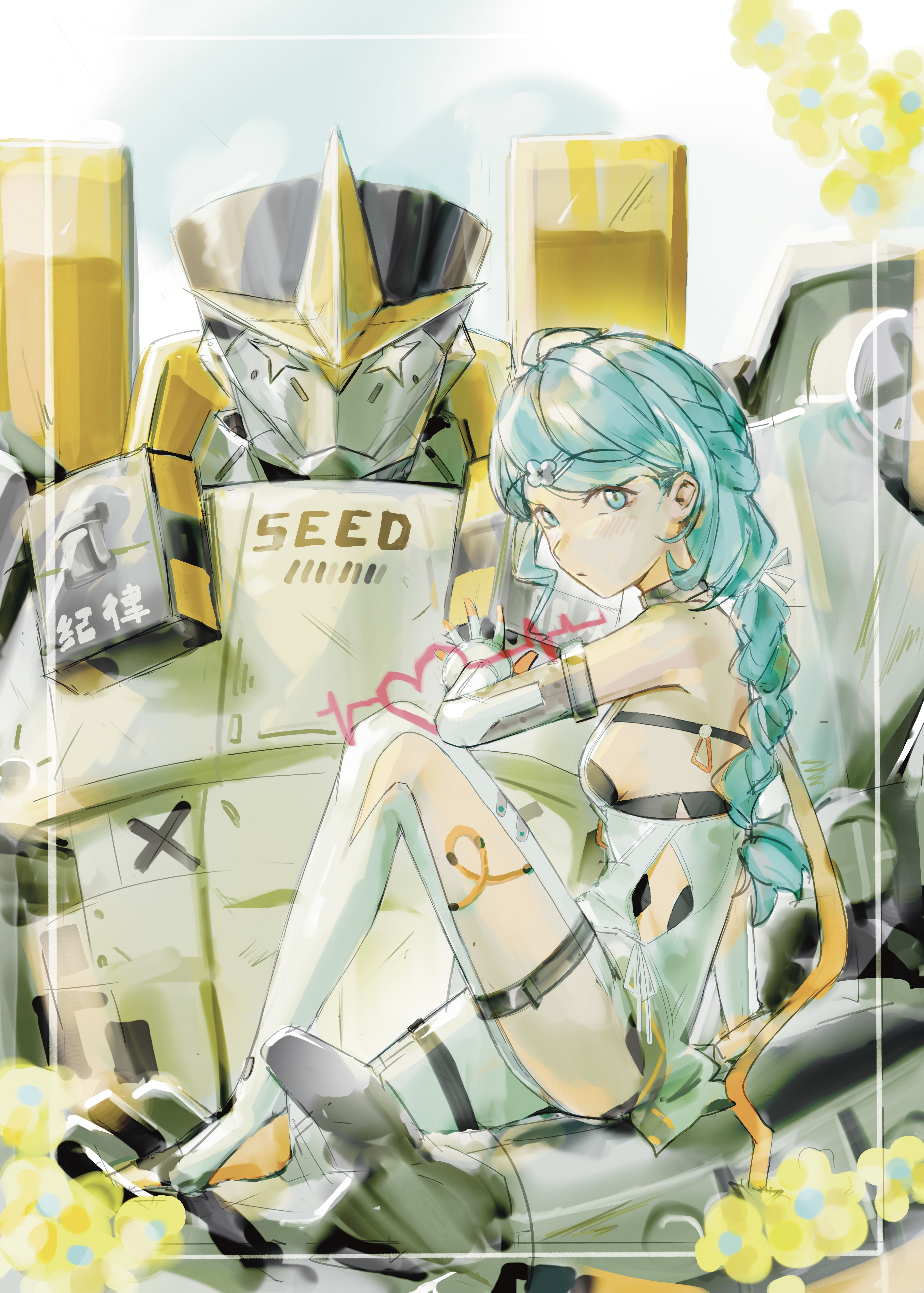 seed (zenless zone zero), seed sr., zenless zone zero, absurdres, highres, blue hair, bulletproof vest, dress, feet, flower, heart, long hair, military, picture frame, robot, sunlight, white dress, xie e ming tai zi