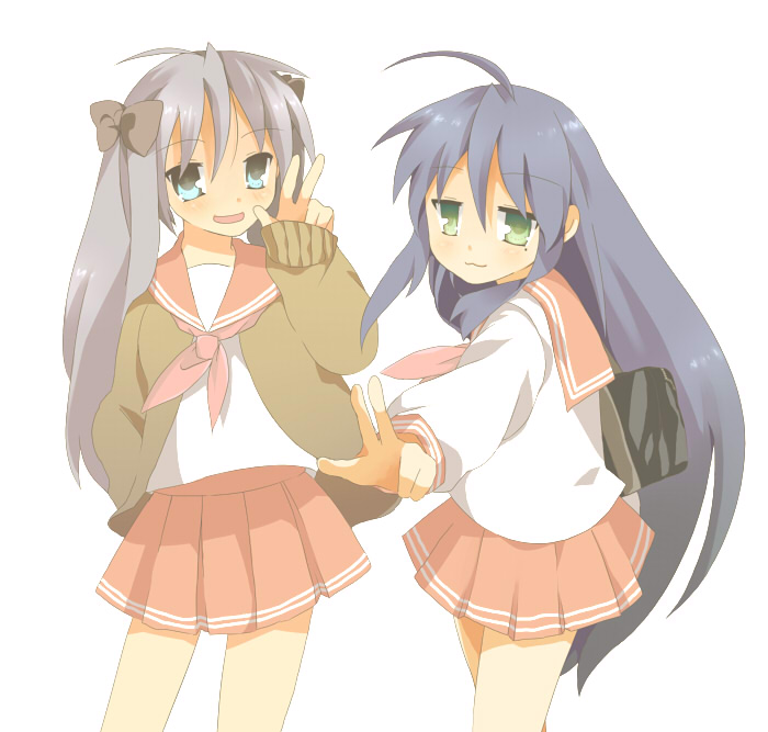 hizu, ichiya (obey), hiiragi kagami, izumi konata, lucky star, silver hair, 00s, 2girls, blue eyes, blue hair, green eyes, long hair, long sleeves, looking at viewer, mole, mole under eye, multiple girls, neckerchief, pleated skirt, red skirt, school uniform, serafuku, simple background, skirt, very long hair, white background