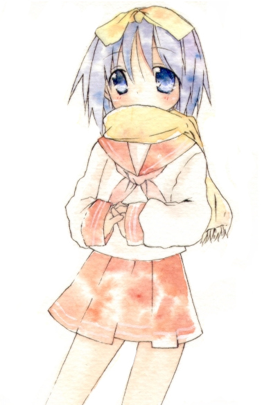 hizu, ichiya (obey), hiiragi tsukasa, lucky star, 00s, 1girl, blue eyes, blush, bow, covered mouth, cowboy shot, female focus, fringe trim, hair bow, long sleeves, looking at viewer, neckerchief, own hands clasped, own hands together, pink hair, pink neckerchief, red skirt, scarf, school uniform, serafuku, short hair, simple background, skirt, solo, standing, tareme, white background, yellow bow, yellow scarf