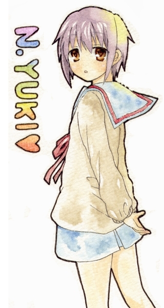 hizu, ichiya (obey), nagato yuki, suzumiya haruhi no yuuutsu, 00s, 1girl, cardigan, female focus, looking back, simple background, solo