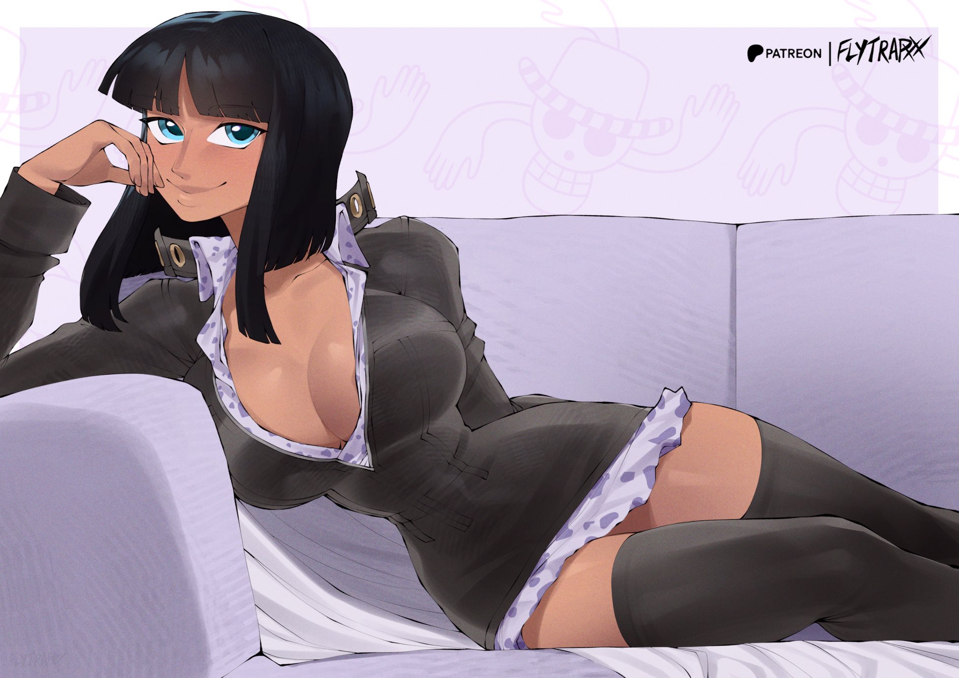 flytrapxx, nico robin, one piece, commentary, english commentary, highres, 1girl, black dress, black hair, blue eyes, blunt bangs, boots, breasts, cleavage, closed mouth, dress, head rest, long sleeves, patreon logo, short dress, smile, solo, thigh boots