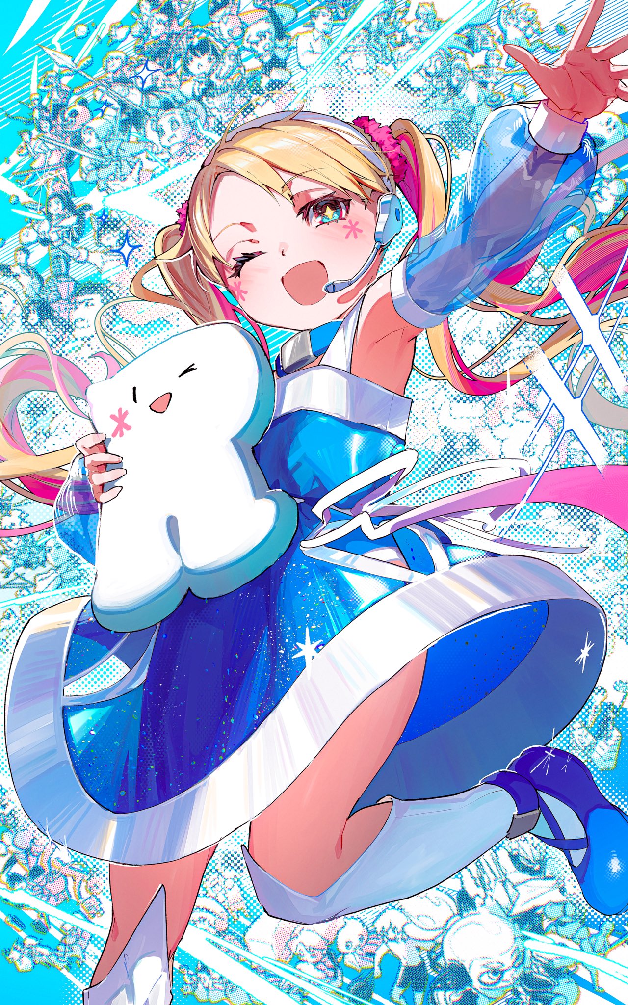 7tungsten, rta-chan, rta in japan, character request, commentary request, copyright request, highres, + +, 1girl, ;d, blonde hair, blue choker, blue dress, blue eyes, blue shoes, blue sleeves, choker, detached sleeves, dress, hair ornament, hair scrunchie, headset, holding, holding letter, kneehighs, letter, long sleeves, multicolored hair, one eye closed, open mouth, outstretched arm, pink hair, pink scrunchie, puffy long sleeves, puffy sleeves, scrunchie, see-through clothes, see-through sleeves, shoes, sleeveless, sleeveless dress, smile, socks, solo focus, streaked hair, two-tone hair, white socks
