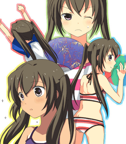jimeko, minami kana, minami-ke, lowres, 00s, 1girl, ;o, arms up, ass, ball, bare shoulders, beachball, bikini, black hair, black ribbon, blush, brown eyes, collarbone, from behind, holding, long hair, looking at viewer, one eye closed, parted lips, ribbon, striped bikini, striped clothes, sweat, swimsuit, twintails, upper body
