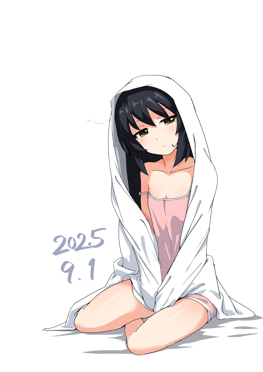 buchikaki, reizei mako, girls und panzer, 1girl, bed sheet, black hair, blush, breasts, brown eyes, collarbone, dated, full body, long hair, looking at viewer, pink shirt, shirt, simple background, sleepy, small breasts, solo, white background