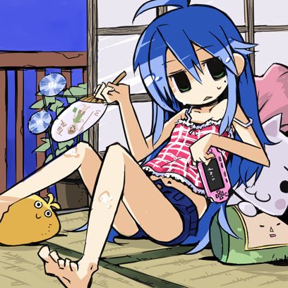 kuma jet, inoue toro, izumi konata, kulche, the prince, katamari damacy, locoroco, lucky star, bad id, bad pixiv id, lowres, 00s, 1girl, :<, :3, ahoge, barefoot, blue hair, camisole, feet, female focus, flower, game console, green eyes, hand fan, handheld game console, legs up, long hair, lying, midriff, mole, mole under eye, morning glory, navel, on back, paper fan, plant, playing games, playstation portable, reclining, short shorts, shorts, shouji, sliding doors, solo, strap slip, stuffed animal, stuffed toy, summer, sweat, tatami, triangle mouth, uchiwa, video game