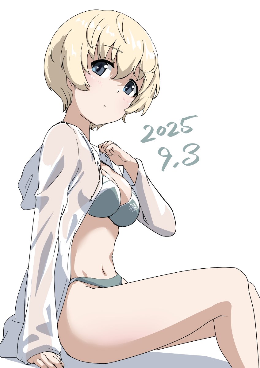 buchikaki, youko (girls und panzer), girls und panzer, 1girl, bikini, blonde hair, blue bikini, blue eyes, blush, breasts, cleavage, dated, large breasts, looking at viewer, navel, open mouth, shirt, short hair, simple background, solo, swimsuit, white background, white shirt