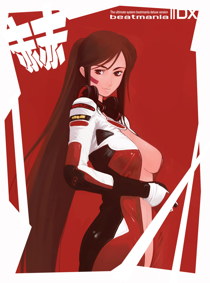 g-room honten, dj sakura, sakura (beatmania iidx), beatmania iidx, beatmania iidx 11 iidx red, bemani, konami, 1girl, biker clothes, bikesuit, bodysuit, breasts, female focus, gloves, headphones, headphones around neck, large breasts, latex, red eyes, red hair, red theme, sideboob, solo, unzipped
