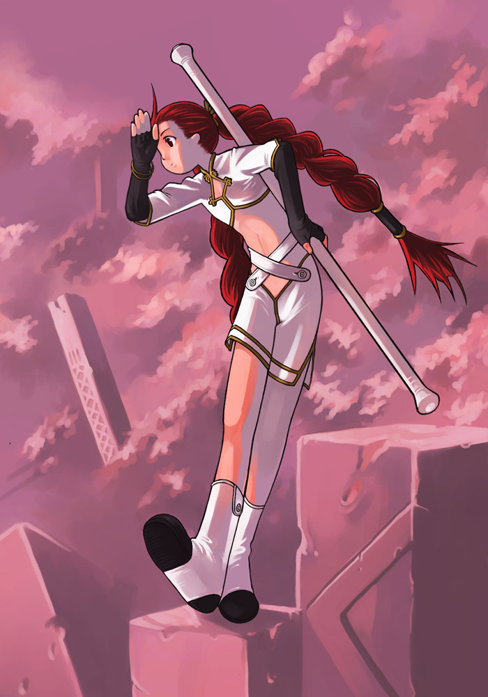 g-room honten, original, baton, brown eyes, gloves, long hair, red hair, solo, staff, sunset, very long hair