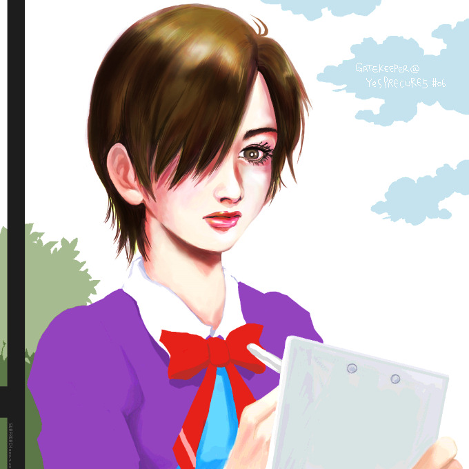surfroach, masuko mika, precure, yes! precure 5, 00s, 1girl, brown eyes, brown hair, eyelashes, female focus, hair over one eye, lips, no eyewear, notebook, realistic, short hair, solo