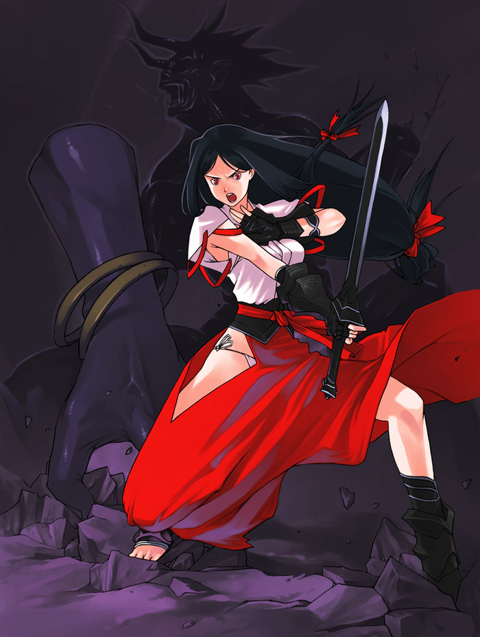 g-room honten, original, 1girl, black hair, female focus, gloves, hair ribbon, kisaya, oni, red eyes, ribbon, severed hand, solo, sword, weapon